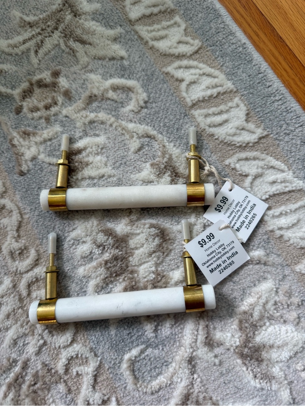 White Marble and Gold Cabinet Pull Handles - Set of 3